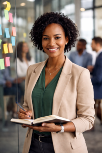 Lady, smiling, wriiting in a book next to post it notes on a screen