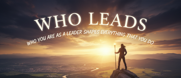 Figure at top of mountain against title "Who Leads"