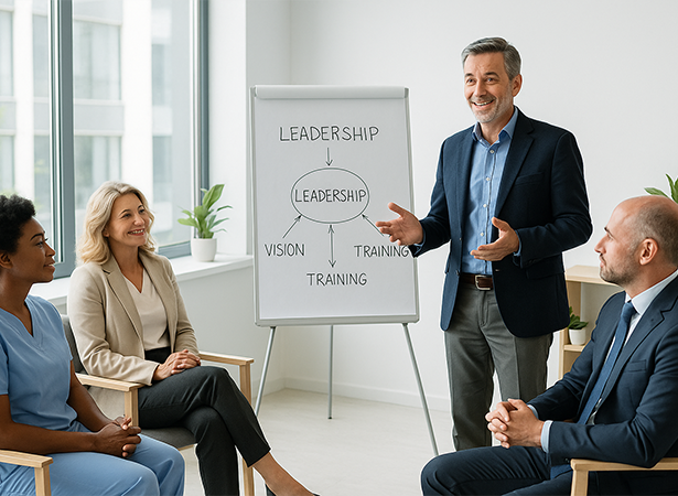 An image illustrating a facilitator, highlighting the components for leadership and which training is required