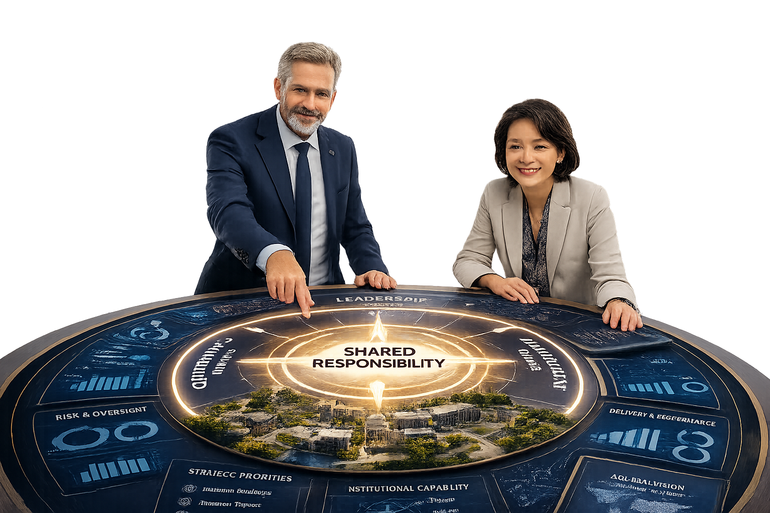 Man and Woman pointing at compass on table showing "Shared Responsibility"