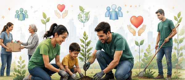 Illustraton of people planting seeds in the ground promoting growth