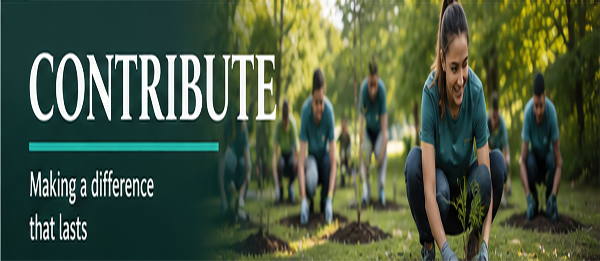 Grop of people sewing seeds in ground under title "Contribute"