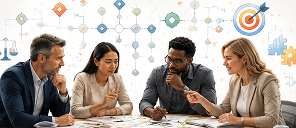 Illustration of four people creatng new ideas
