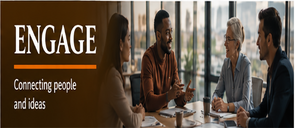 Four people sat at talbe under "Engage"